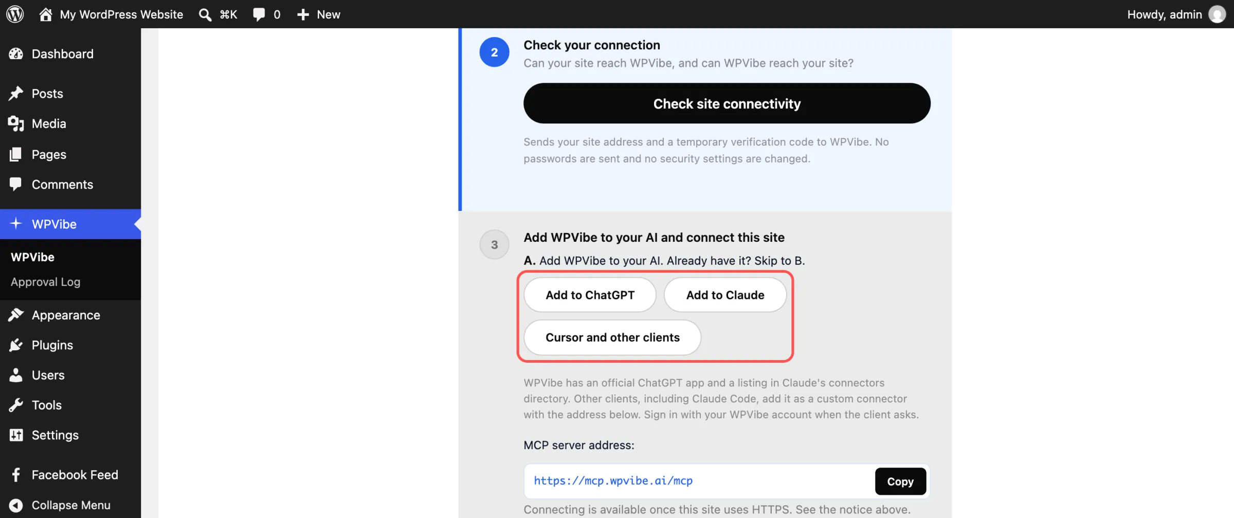 WPVibe-Bildschirm in WordPress mit der Meldung „Überprüfen Sie Ihre Verbindung“ und Schritt 3: „Fügen Sie WPVibe zu Ihrer KI hinzu und verbinden Sie diese Website“, wobei die Schaltflächen „Zu ChatGPT hinzufügen“, „Zu Claude hinzufügen“ sowie „Cursor und andere Clients“ hervorgehoben sind
