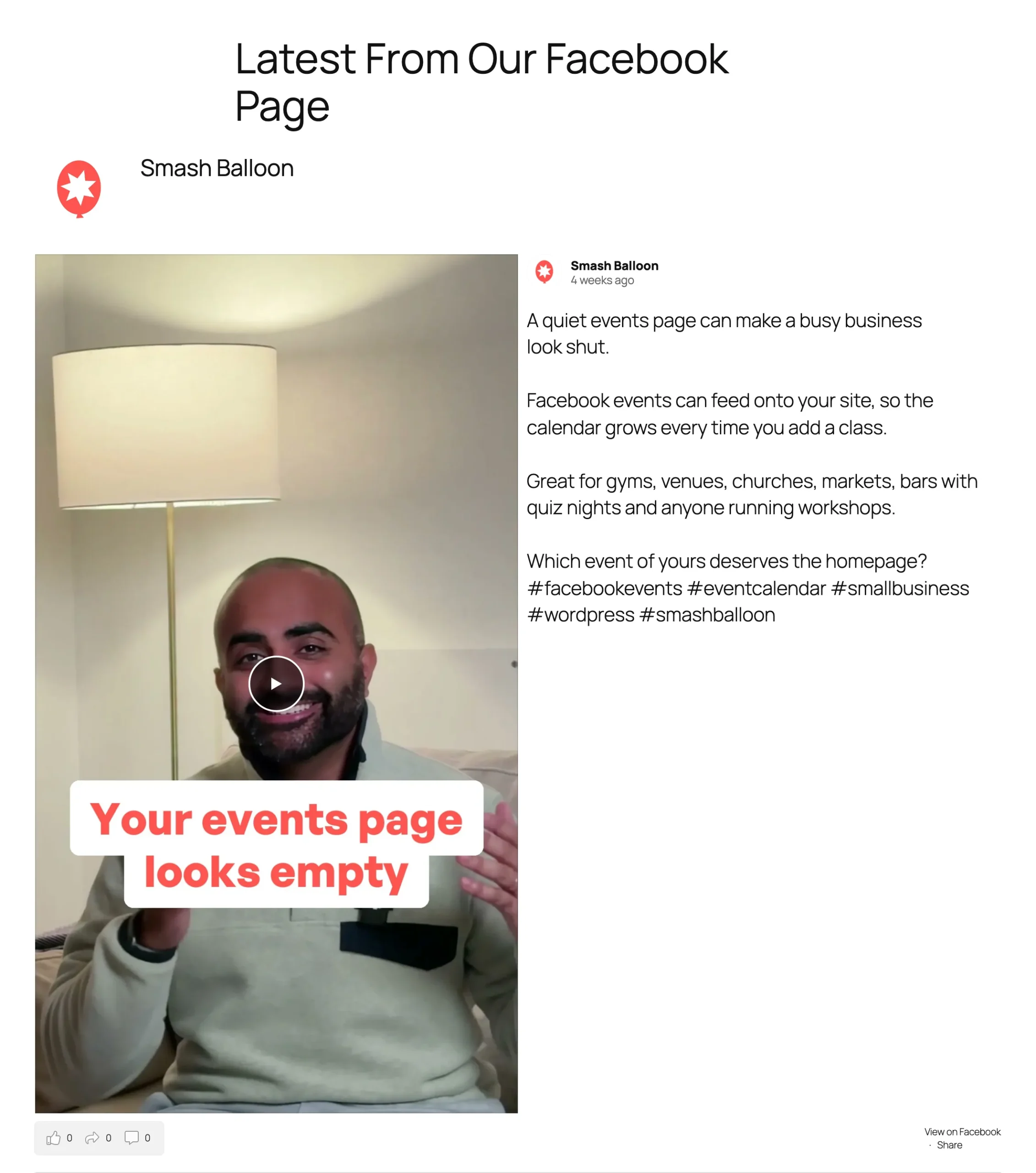 „Facebook Feed Pro“-Feed auf einer WordPress-Seite, der ein „Smash Balloon Reel“ mit dem Video-Miniaturbild links und der Bildunterschrift rechts anzeigt, jeweils ein Beitrag pro Zeile