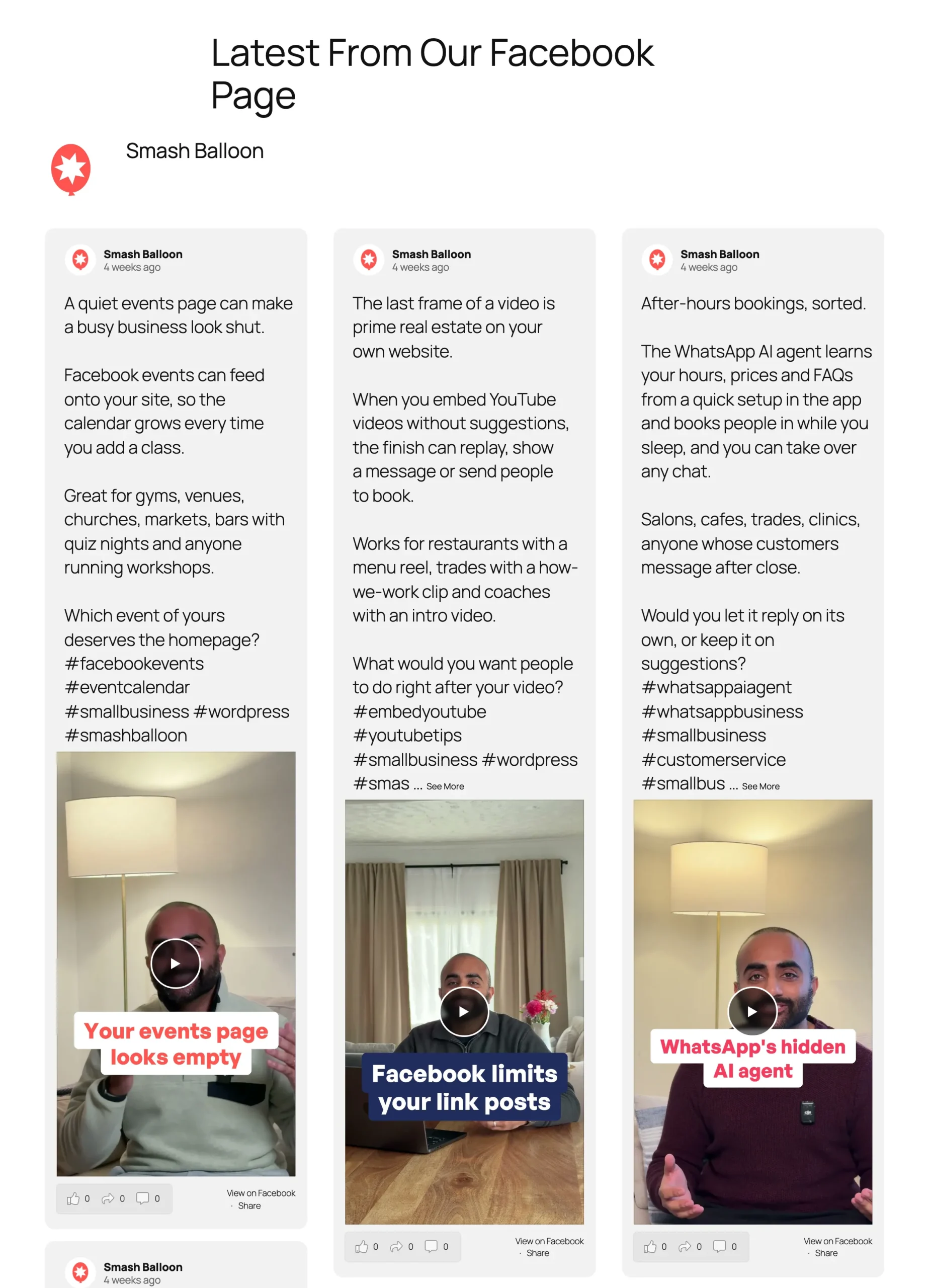 Derselbe „Facebook Feed Pro“-Feed nach der Änderung: „Smash Balloon Reels“ in drei Spalten aus hellgrauen Karten mit abgerundeten Ecken, jeweils mit vollständiger Bildunterschrift und Video-Miniaturansicht