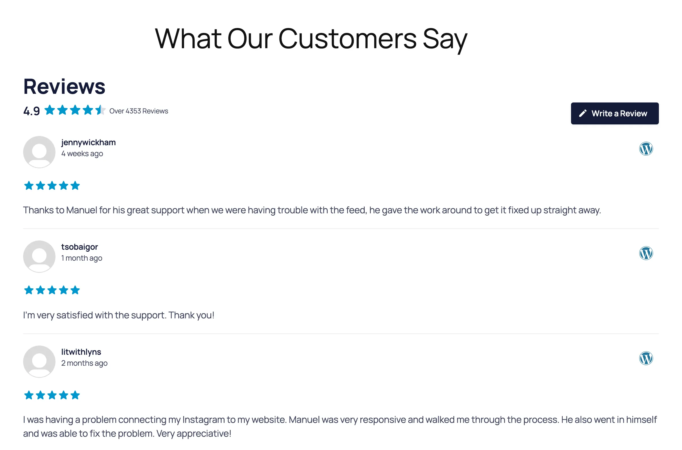 rf-216-pro-feed-before - Smash Balloon Reviews Feed Pro feed on a WordPress page showing Smash Balloon Instagram Feed reviews from WordPress.org in a single list, with a 4.9 average rating and a Write a Review button