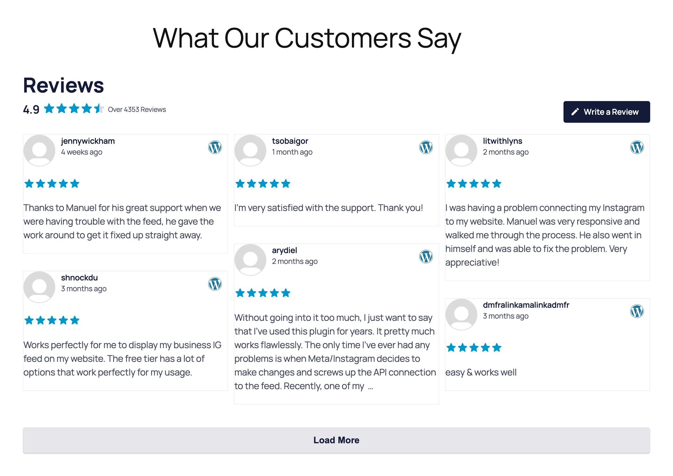 rf-216-pro-feed-after - Smash Balloon The same Reviews Feed Pro feed after the change: six 5-star WordPress.org reviews, highest rated first, in three columns of cards