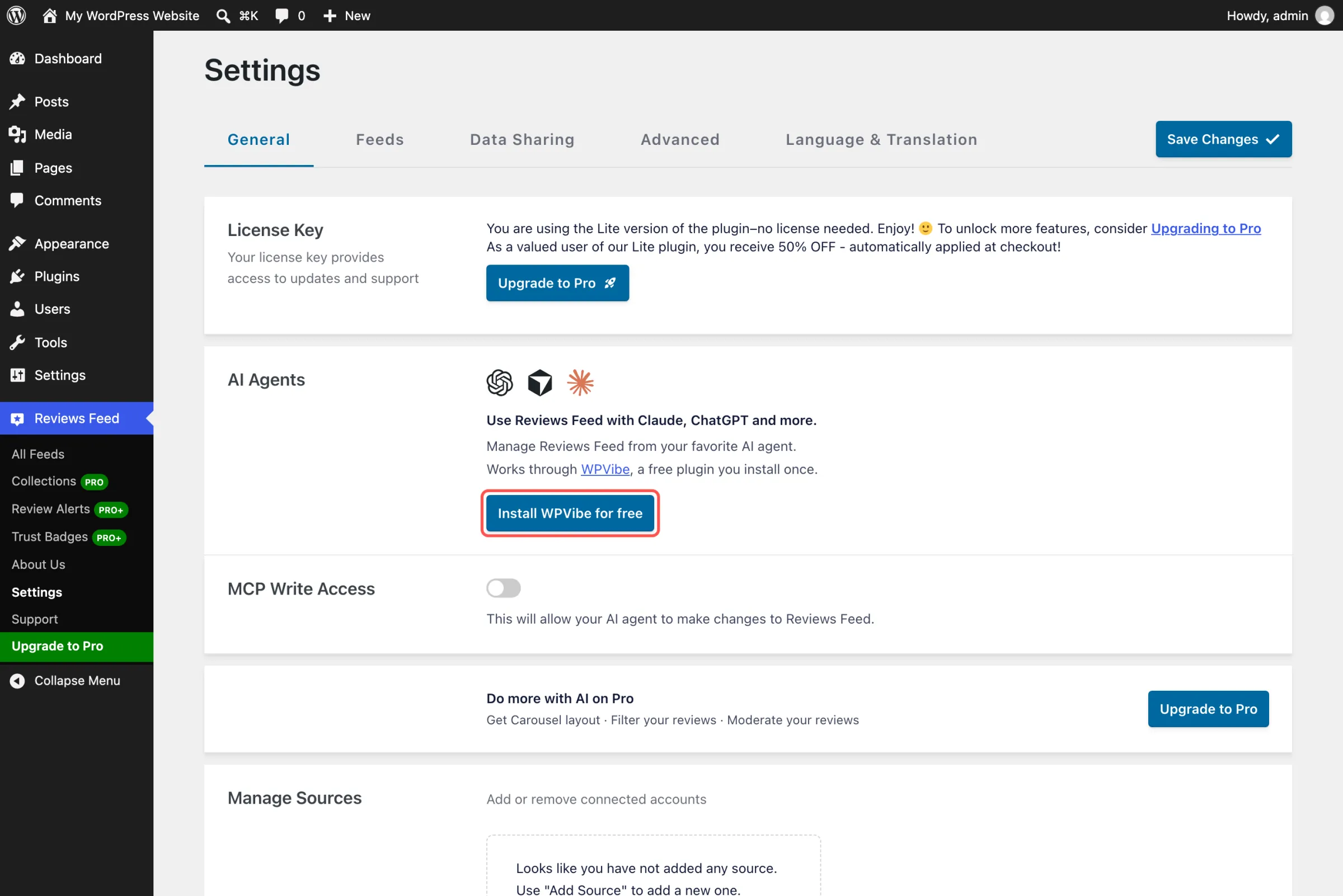 rf-216-step-install-wpvibe-screen - Smash Balloon Reviews Feed Settings page in WordPress, General tab, with the Install WPVibe for free button in the AI Agents box highlighted, above the MCP Write Access toggle and the Do more with AI on Pro strip