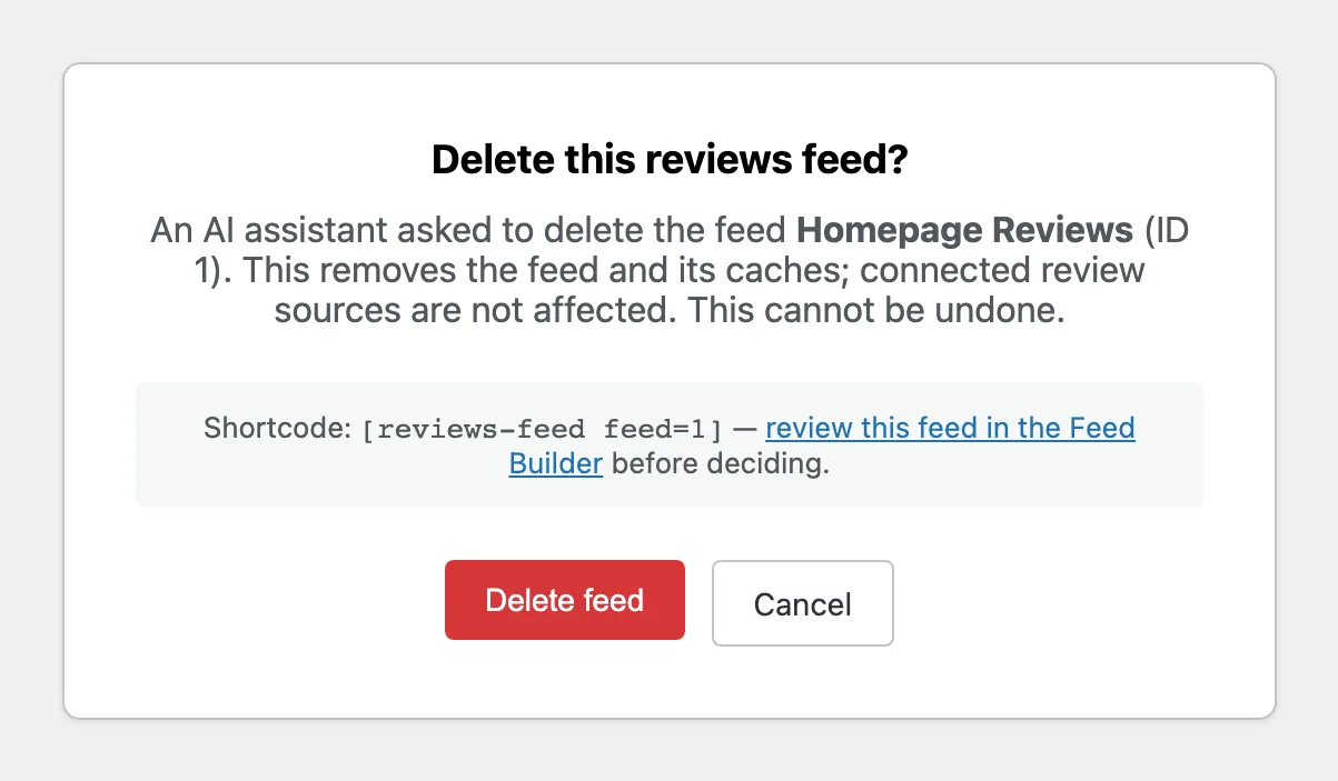 rf-216-ai-delete-confirmation - Smash Balloon Reviews Feed confirmation screen reading Delete this reviews feed?, explaining an AI assistant asked to delete the Homepage Reviews feed, with its shortcode and Delete feed and Cancel buttons